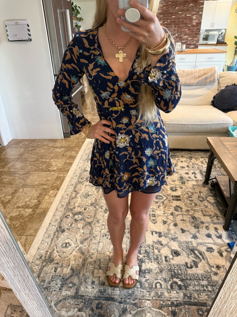 Lulu's Navy Floral V-Neck Mini Dress with Gold Accents